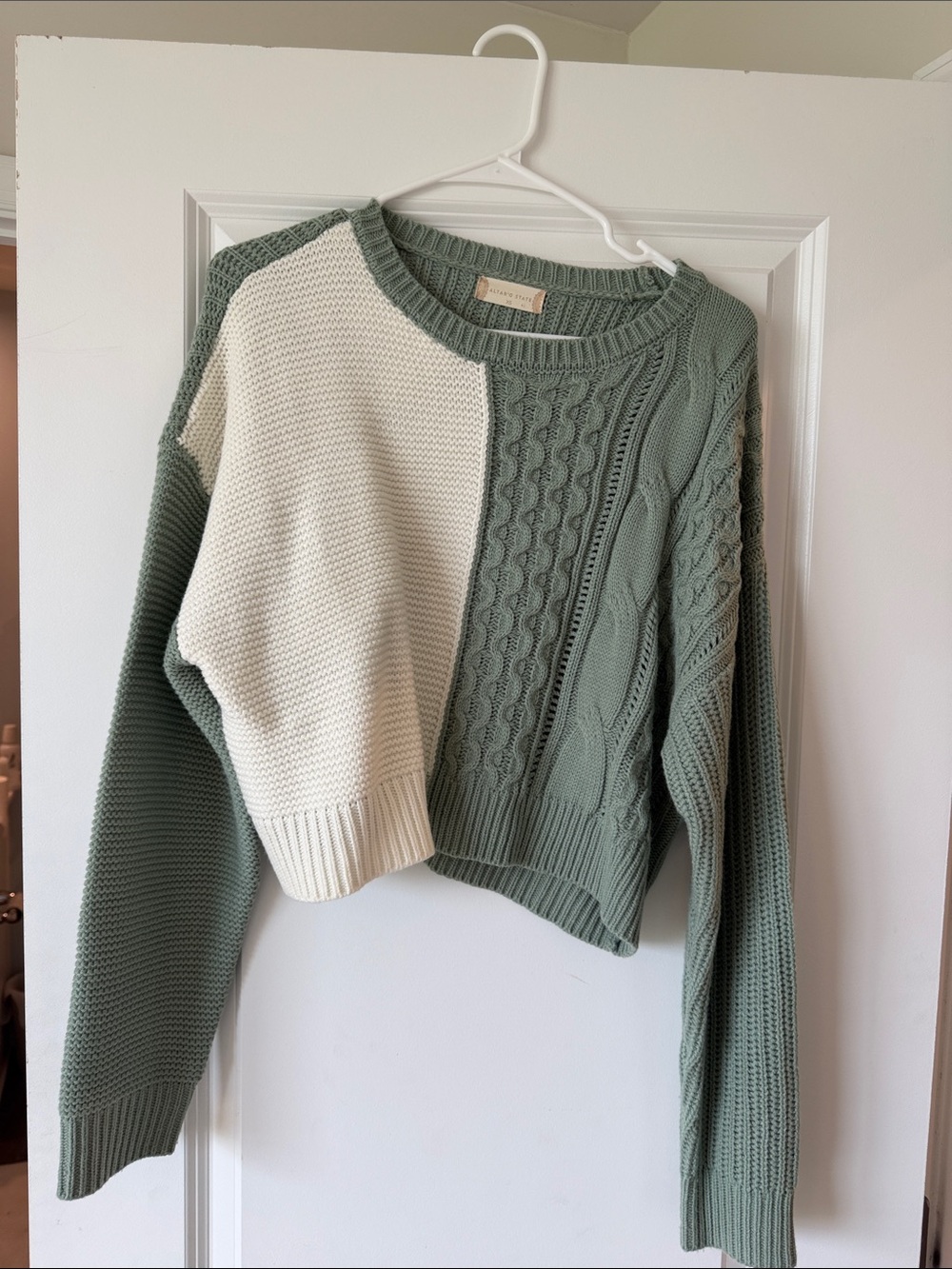 Altar'd State Sage & Cream Cable Colorblock Crew Sweater